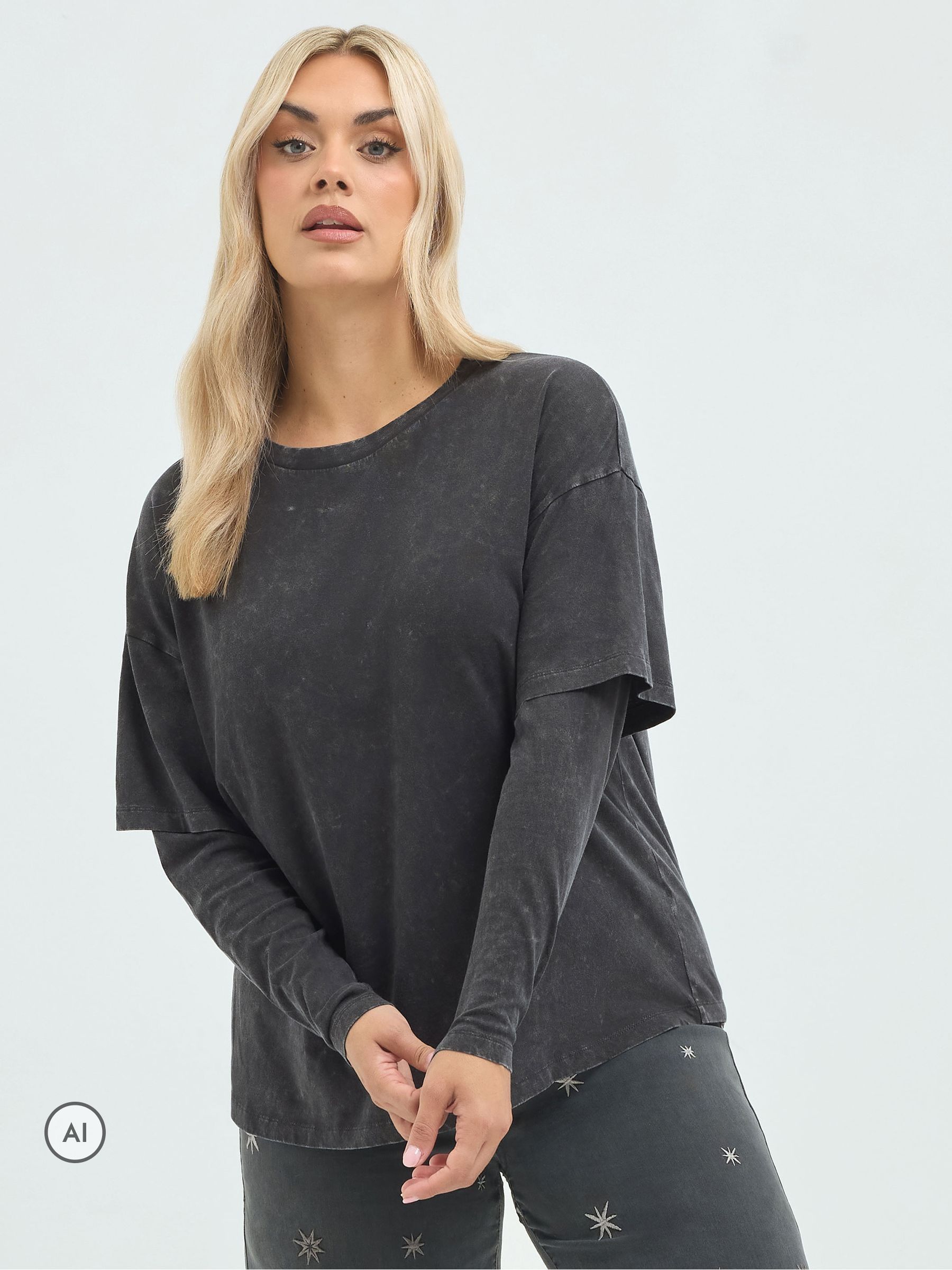 Yours Women's Acid Wash 2-In-1 T-Shirt in Black | Size: 26-28 - Image 6