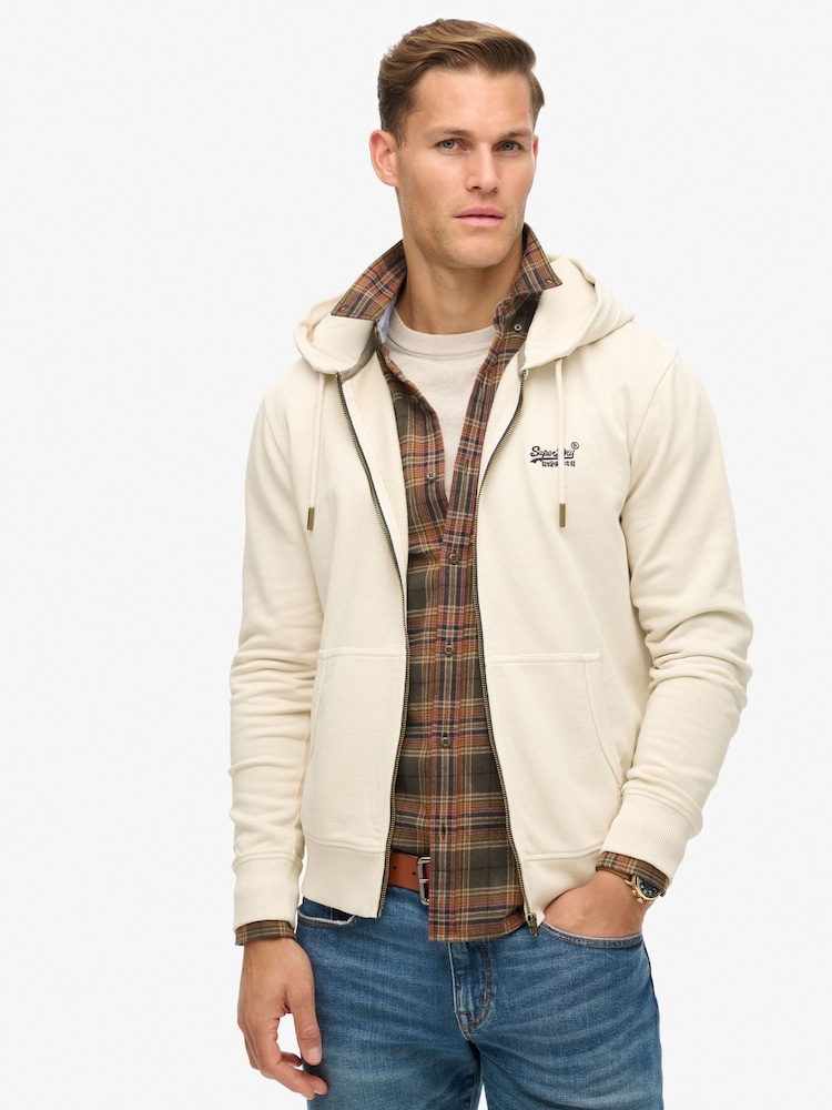 Superdry Washed Chalk 100% Cotton Essential Logo Washed Zip Hoodie - Image 1 of 5
