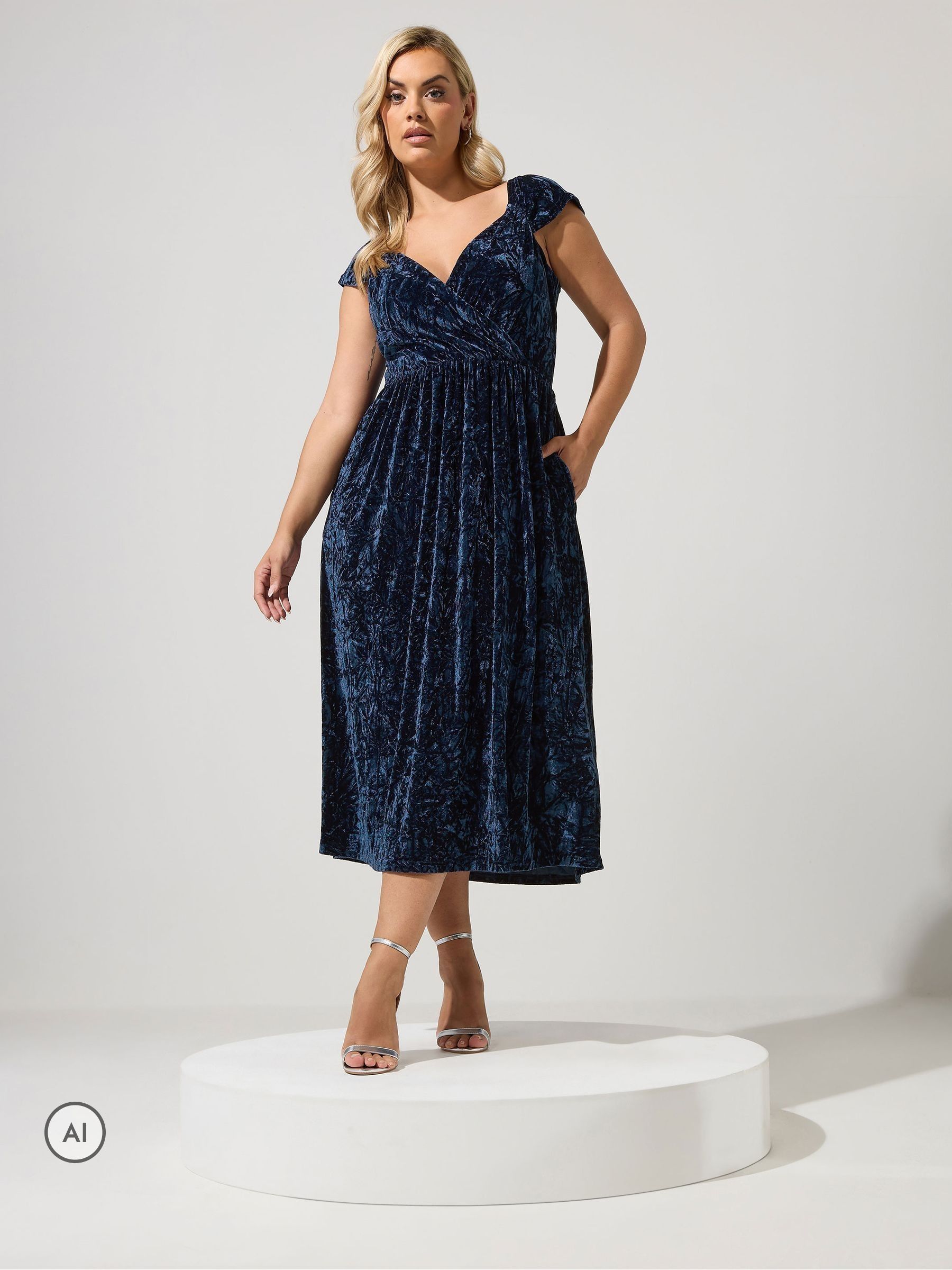 Yours Curve Women's Blue Velvet Wrap Bardot Dress