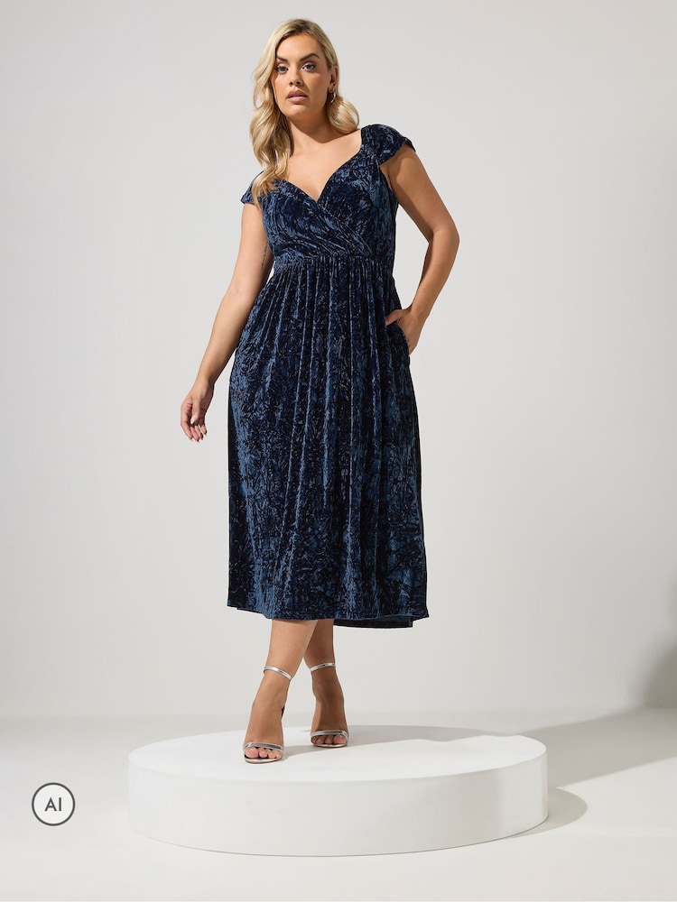 Yours Curve Blue Velvet Wrap Bardot Dress - Image 1 of 6 Yours Curve Blue Velvet Wrap Bardot Dress - Image 1 of 6