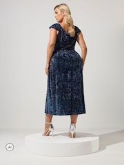 Yours Curve Blue Velvet Wrap Bardot Dress - Image 3 of 6