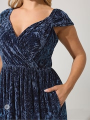 Yours Curve Blue Velvet Wrap Bardot Dress - Image 4 of 6