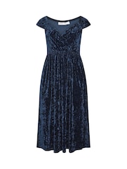 Yours Curve Blue Velvet Wrap Bardot Dress - Image 5 of 6