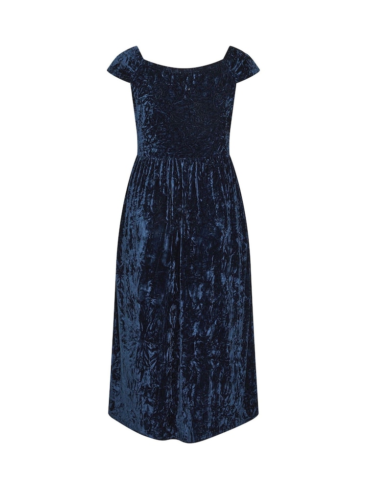 Yours Curve Blue Velvet Wrap Bardot Dress - Image 6 of 6 Yours Curve Blue Velvet Wrap Bardot Dress - Image 6 of 6
