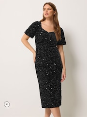 M&Co Black Sequin Velvet Square Neck A Line Dress - Image 1 of 6