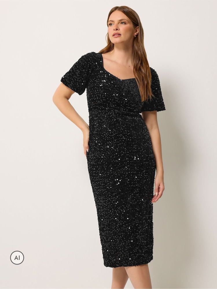 M&Co Black Sequin Velvet Square Neck A Line Dress - Image 1 of 6 M&Co Black Sequin Velvet Square Neck A Line Dress - Image 1 of 6