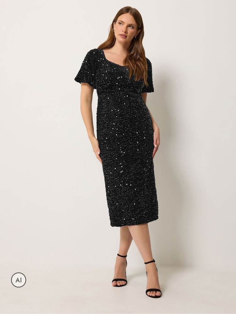 M&Co Black Sequin Velvet Square Neck A Line Dress - Image 2 of 6 M&Co Black Sequin Velvet Square Neck A Line Dress - Image 2 of 6
