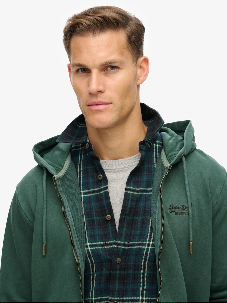 Vert forêt - Superdry 100% Cotton Essential Logo Washed Zip Sweat-shirt à capuche - Image 3 of 5
