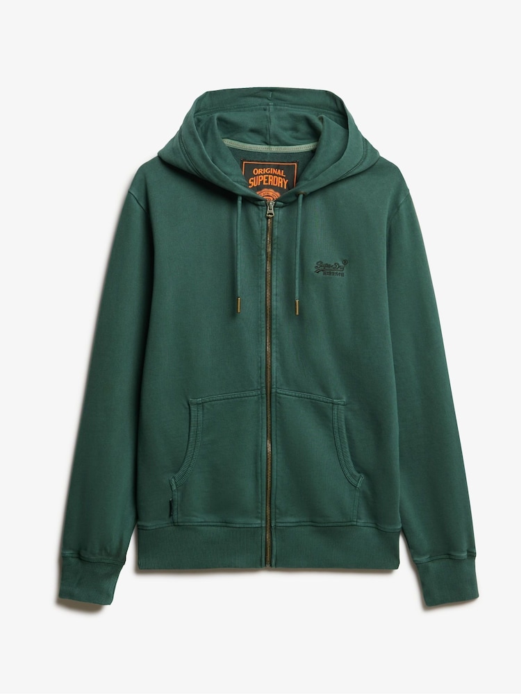 Vert forêt - Superdry 100% Cotton Essential Logo Washed Zip Sweat-shirt à capuche - Image 4 of 5