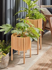 Set of 2 Wood Slatted Rubberwood Plant Pot - Image 1 of 4