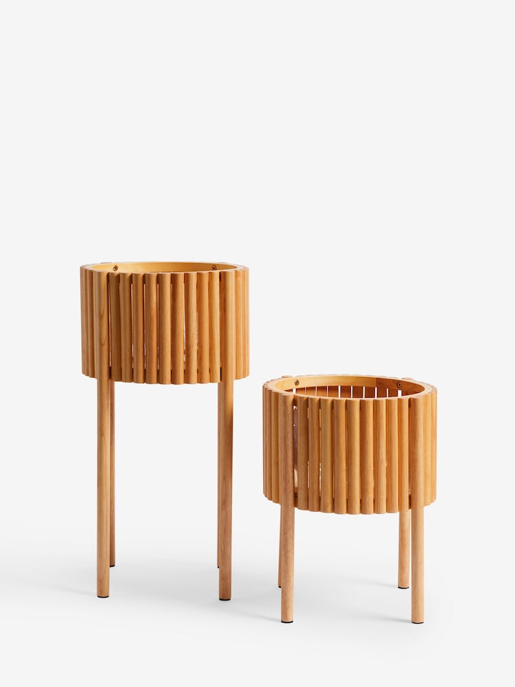 Set of 2 Wood Slatted Rubberwood Plant Pot - Image 2 of 4