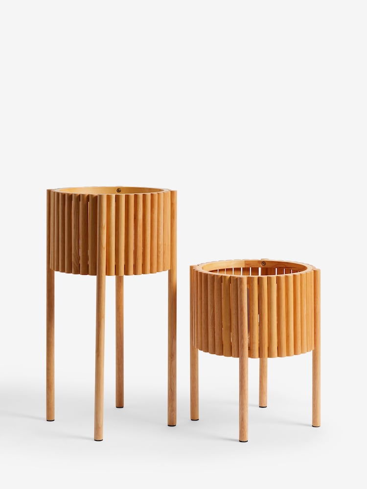 Set of 2 Wood Slatted Rubberwood Plant Pot - Image 3 of 4