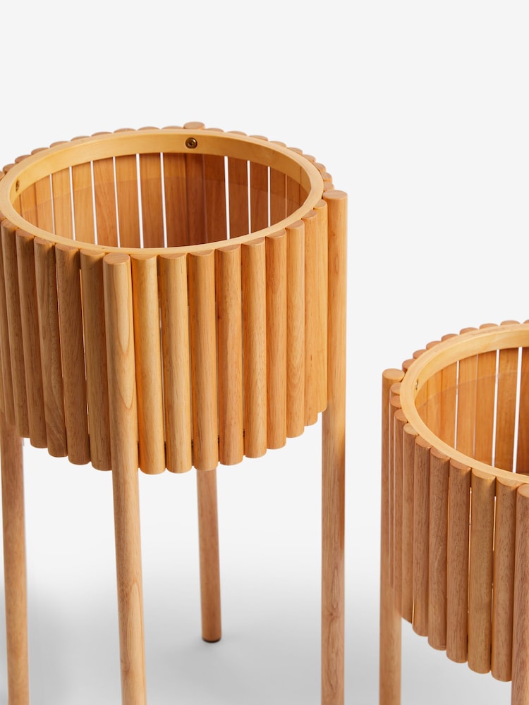 Set of 2 Wood Slatted Rubberwood Plant Pot - Image 4 of 4