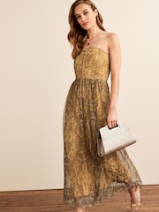 Ochre Yellow Geo Boobtube Corset Detail Mesh Midi Dress - Image 1 of 5