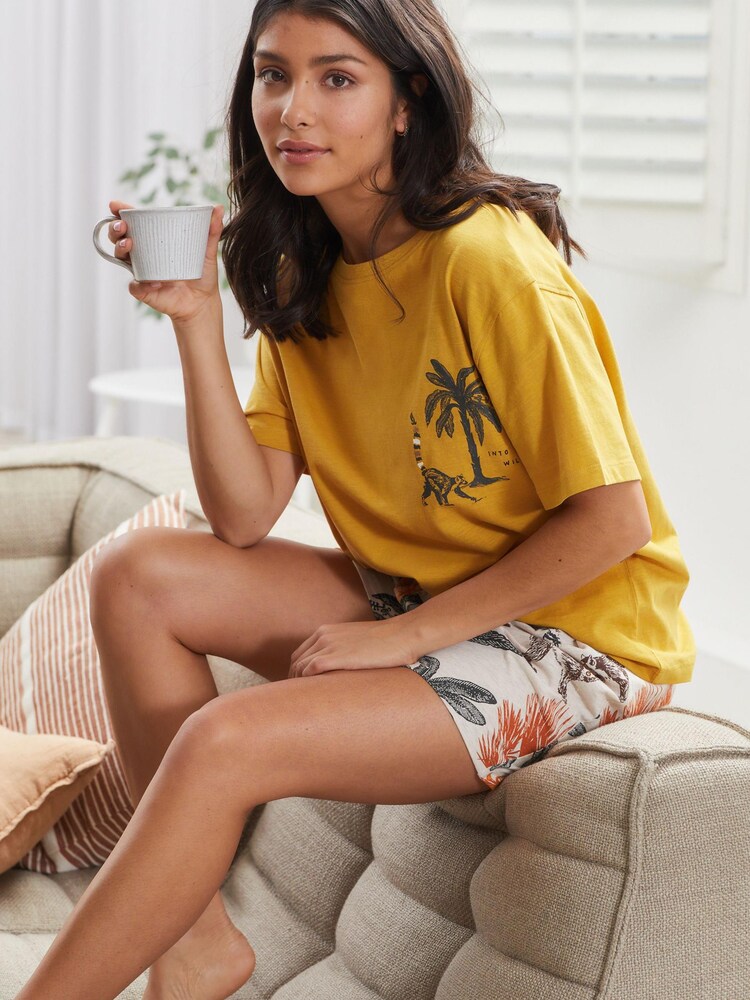 Ecru mit Lemurenmotiv - Kurzes Pyjamas-Set aus Baumwolle - Bild 1 von 8 Ecru mit Lemurenmotiv - Kurzes Pyjamas-Set aus Baumwolle - Bild 1 von 8