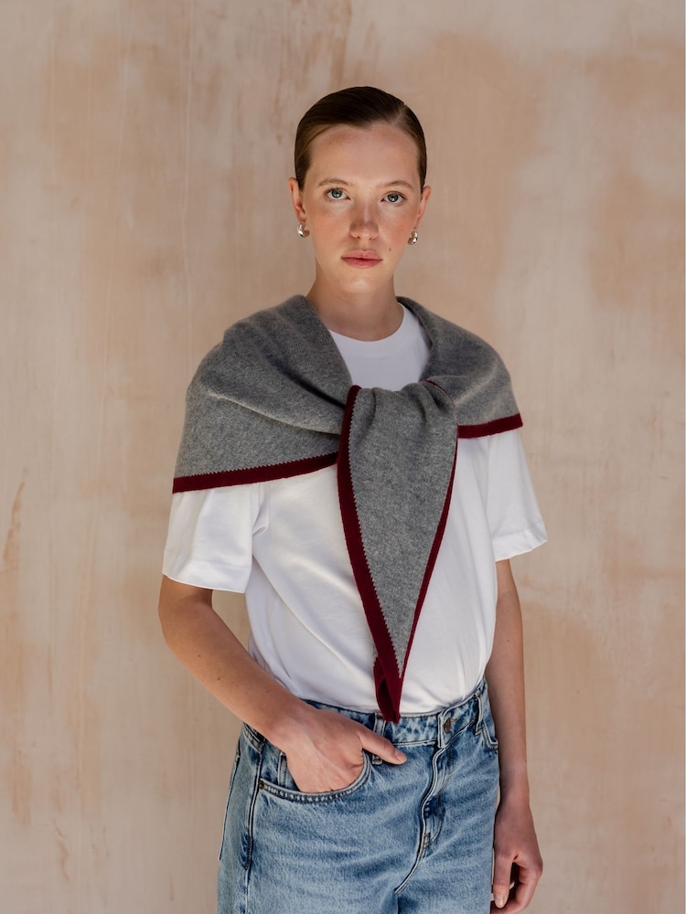 TBCo Red Large Grey Triangle Scarf with Burgundy Trim - Image 2 of 3 TBCo Red Large Grey Triangle Scarf with Burgundy Trim - Image 2 of 3