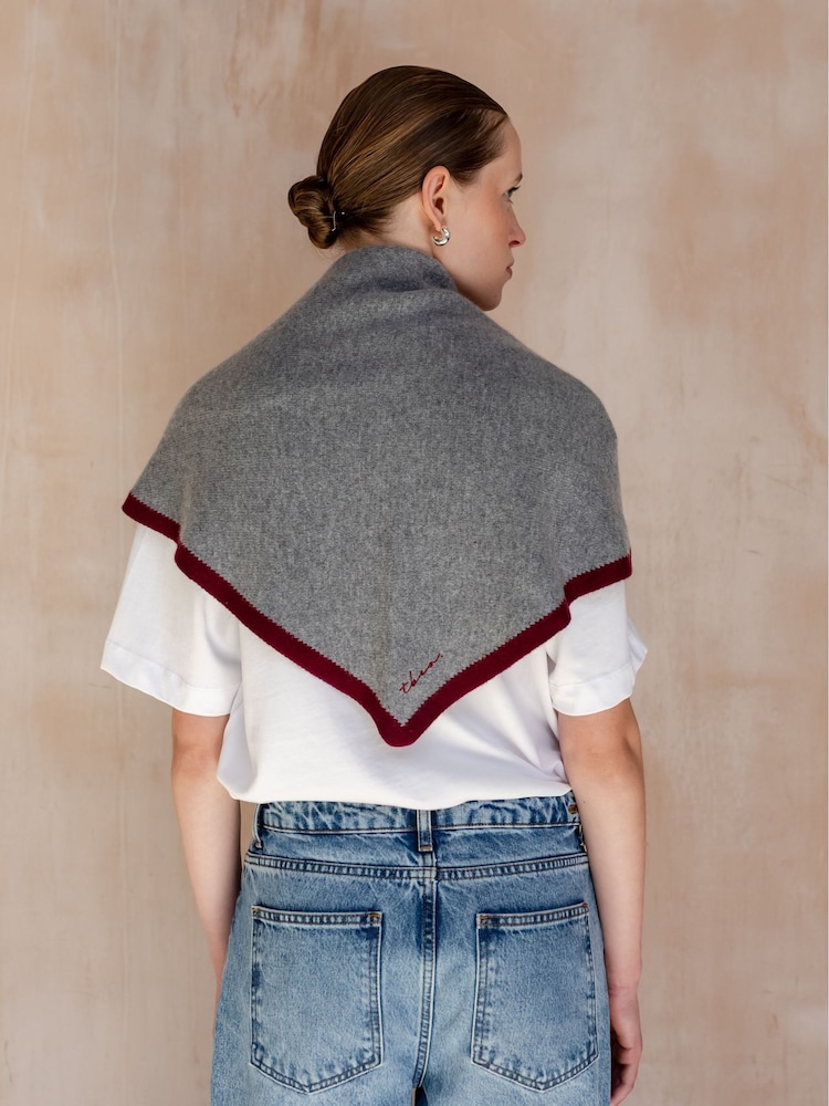 TBCo Red Large Grey Triangle Scarf with Burgundy Trim - Image 3 of 3 TBCo Red Large Grey Triangle Scarf with Burgundy Trim - Image 3 of 3
