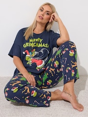 Yours Curve Blue Limited Grinch Pyjamas Set - Image 1 of 6