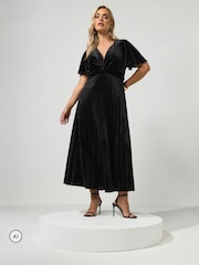 Yours Curve Black London Velvet Pleated Knot Front Dress - Image 1 of 6
