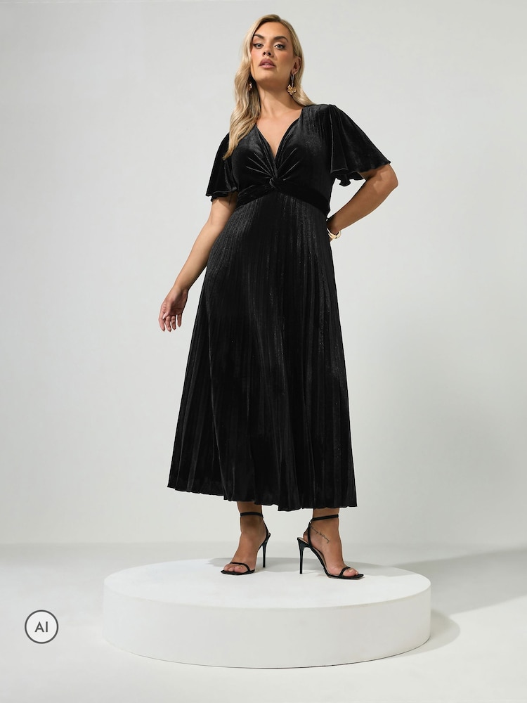 Yours Curve Black London Velvet Pleated Knot Front Dress - Image 1 of 6 Yours Curve Black London Velvet Pleated Knot Front Dress - Image 1 of 6