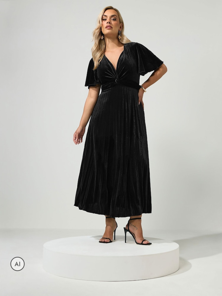 Yours Curve Black London Velvet Pleated Knot Front Dress - Image 2 of 6 Yours Curve Black London Velvet Pleated Knot Front Dress - Image 2 of 6