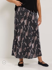 Yours Curve Black Marble Print Satin Skirt - Image 1 of 6