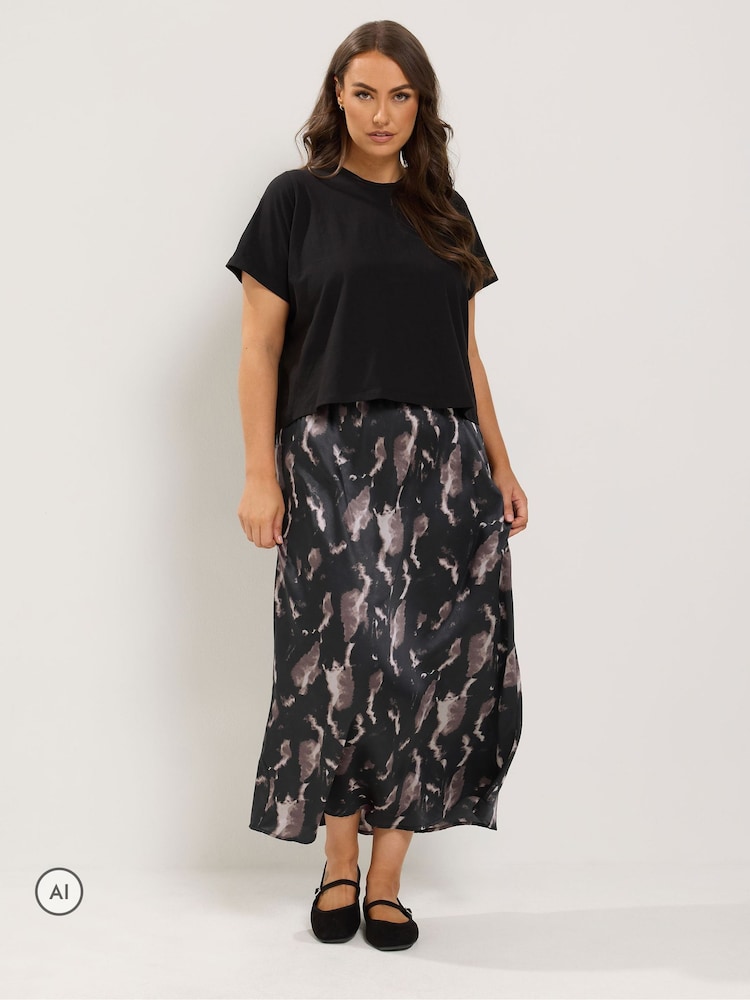 Yours Curve Black Marble Print Satin Skirt - Image 2 of 6 Yours Curve Black Marble Print Satin Skirt - Image 2 of 6