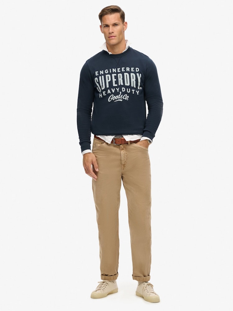 Superdry Eclipse Navy Olive Green 100% Cotton Machined Goods Workwear Crew Sweatshirt - Image 2 of 5