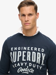 Superdry Eclipse Navy Olive Green 100% Cotton Machined Goods Workwear Crew Sweatshirt - Image 3 of 5