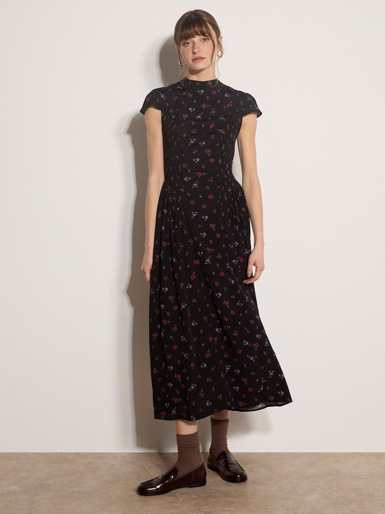 črna - Apricot Floral Crepe Smocked Midi Dress - Slika 1 iz 4