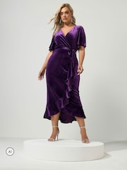 Yours Curve Purple London Velvet Ruffle Wrap Dress - Image 2 of 6