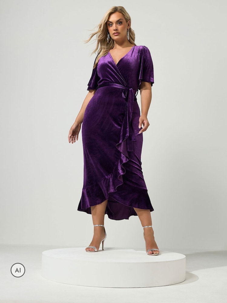 Yours Curve Purple London Velvet Ruffle Wrap Dress - Image 2 of 6 Yours Curve Purple London Velvet Ruffle Wrap Dress - Image 2 of 6