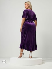 Yours Curve Purple London Velvet Ruffle Wrap Dress - Image 3 of 6