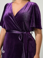 Yours Curve Purple London Velvet Ruffle Wrap Dress - Image 4 of 6