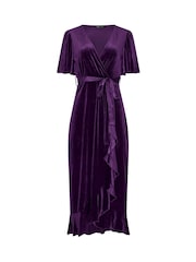Yours Curve Purple London Velvet Ruffle Wrap Dress - Image 5 of 6
