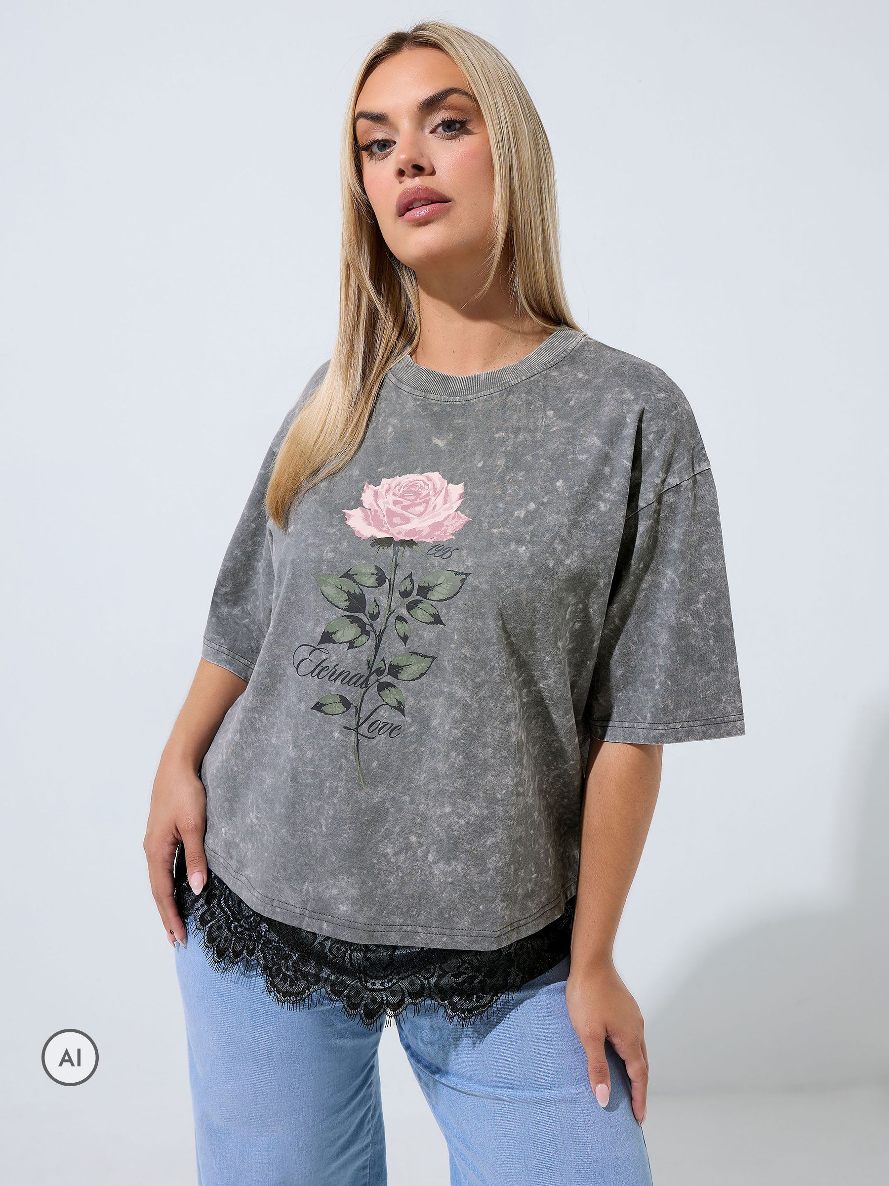 Yours Women's Grey Rose Print Lace T-Shirt In | Size: 26/28 - Image 2