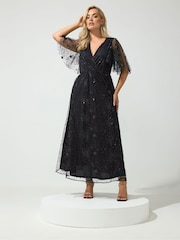 Yours Curve Black London Celestial Sequin Mesh Maxi Dress - Image 1 of 6