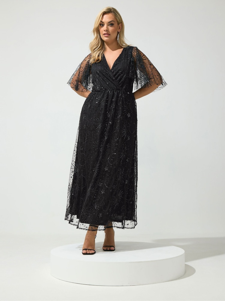 Yours Curve Black London Celestial Sequin Mesh Maxi Dress - Image 2 of 6 Yours Curve Black London Celestial Sequin Mesh Maxi Dress - Image 2 of 6