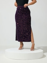 Yours Curve Purple Sequin Velvet Maxi Skirt - Image 1 of 6