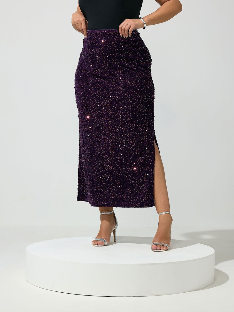 Yours Curve Purple Sequin Velvet Maxi Skirt - Image 1 of 6 Yours Curve Purple Sequin Velvet Maxi Skirt - Image 1 of 6