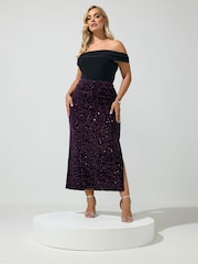 Yours Curve Purple Sequin Velvet Maxi Skirt - Image 2 of 6