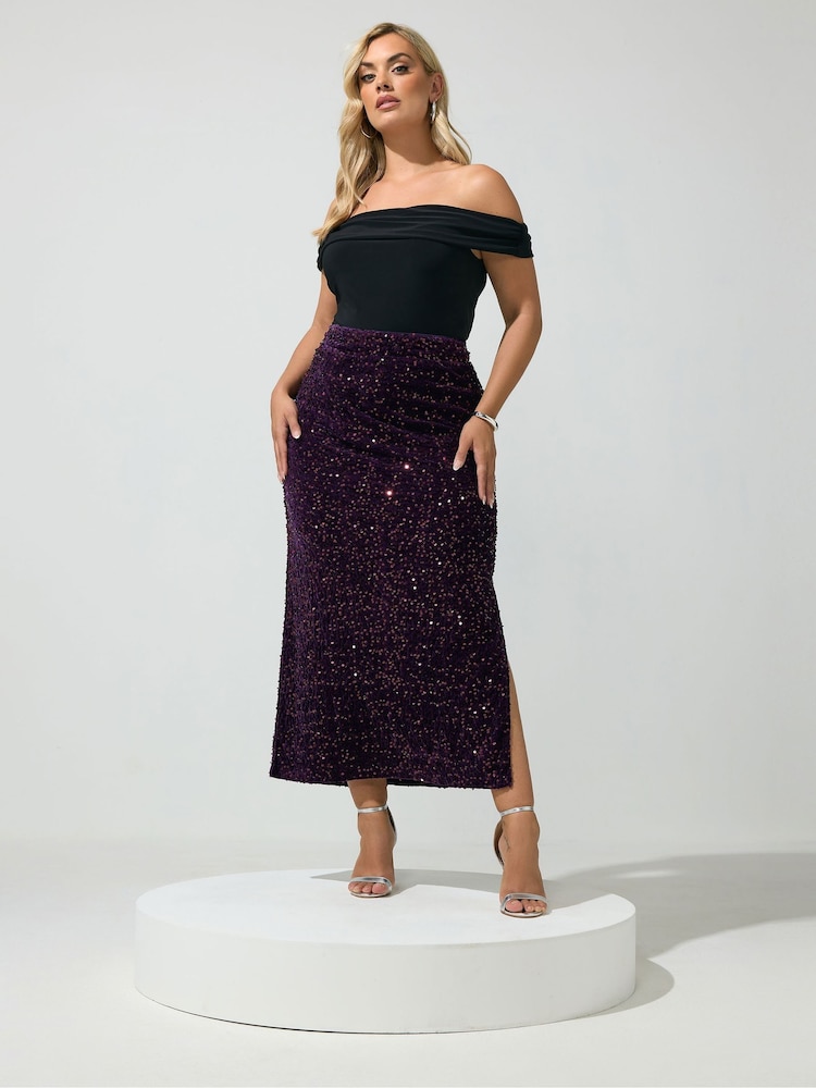 Yours Curve Purple Sequin Velvet Maxi Skirt - Image 2 of 6 Yours Curve Purple Sequin Velvet Maxi Skirt - Image 2 of 6