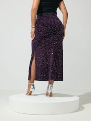 Yours Curve Purple Sequin Velvet Maxi Skirt - Image 4 of 6
