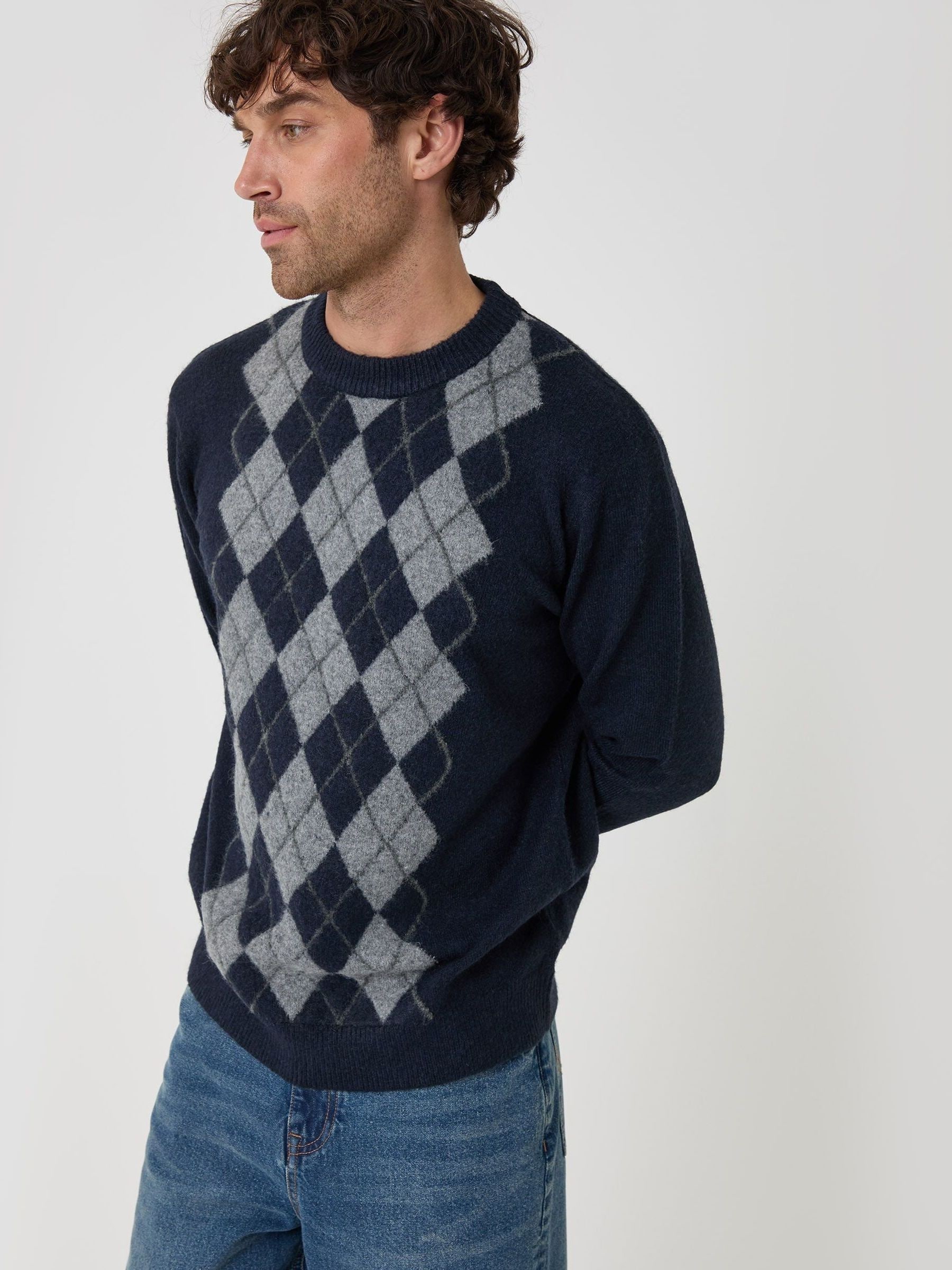 Threadbare Men's Navy Argyle Crew Neck Jumper In | Size: 2XL - Image 1