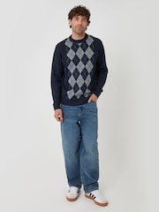 Μπλε - Threadbare Argyle Crew Neck Jumper - Εικόνα 3 από 4