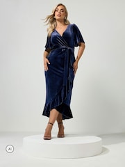 Yours Curve Blue London Velvet Ruffle Wrap Dress - Image 1 of 6