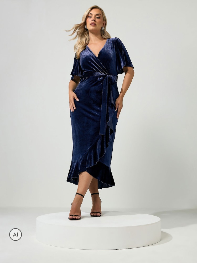 Yours Curve Blue London Velvet Ruffle Wrap Dress - Image 1 of 6
