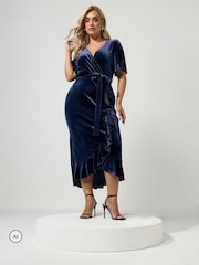 Yours Curve Blue London Velvet Ruffle Wrap Dress - Image 2 of 6