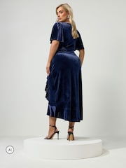 Yours Curve Blue London Velvet Ruffle Wrap Dress - Image 3 of 6