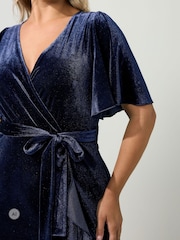 Yours Curve Blue London Velvet Ruffle Wrap Dress - Image 4 of 6